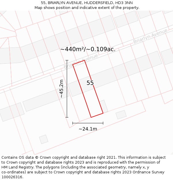 55, BRIARLYN AVENUE, HUDDERSFIELD, HD3 3NN: Plot and title map