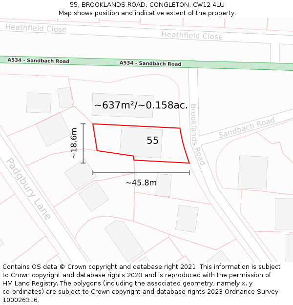 55, BROOKLANDS ROAD, CONGLETON, CW12 4LU: Plot and title map