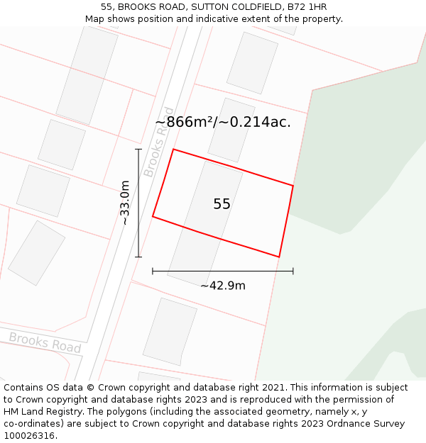 55, BROOKS ROAD, SUTTON COLDFIELD, B72 1HR: Plot and title map