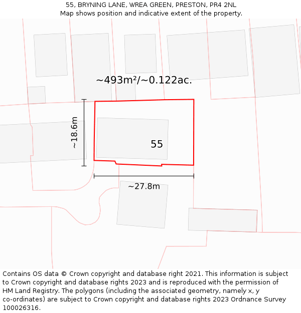 55, BRYNING LANE, WREA GREEN, PRESTON, PR4 2NL: Plot and title map