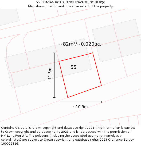 55, BUNYAN ROAD, BIGGLESWADE, SG18 8QQ: Plot and title map