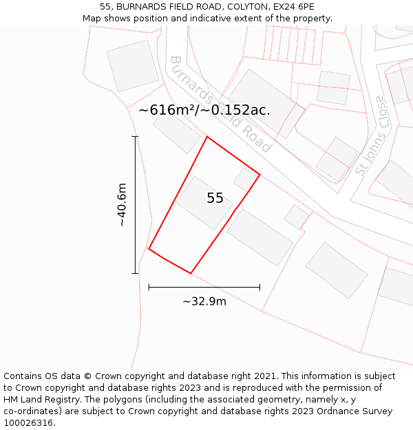 55, BURNARDS FIELD ROAD, COLYTON, EX24 6PE: Plot and title map