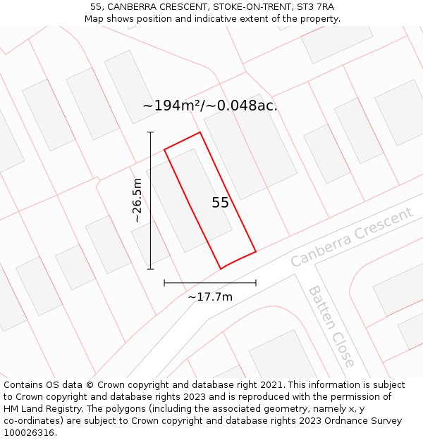 55, CANBERRA CRESCENT, STOKE-ON-TRENT, ST3 7RA: Plot and title map