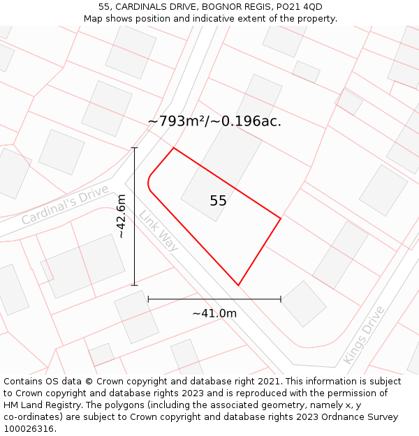 55, CARDINALS DRIVE, BOGNOR REGIS, PO21 4QD: Plot and title map