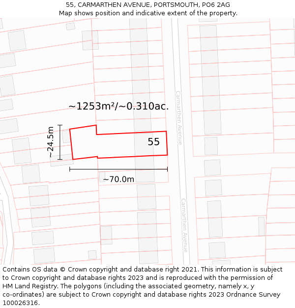 55, CARMARTHEN AVENUE, PORTSMOUTH, PO6 2AG: Plot and title map