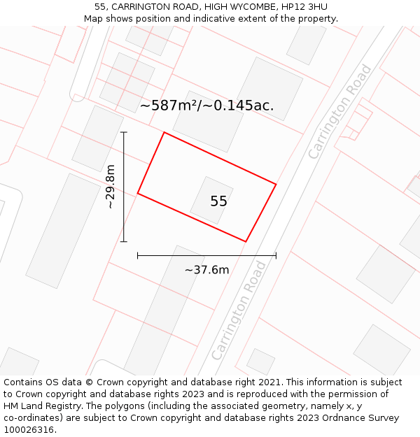 55, CARRINGTON ROAD, HIGH WYCOMBE, HP12 3HU: Plot and title map