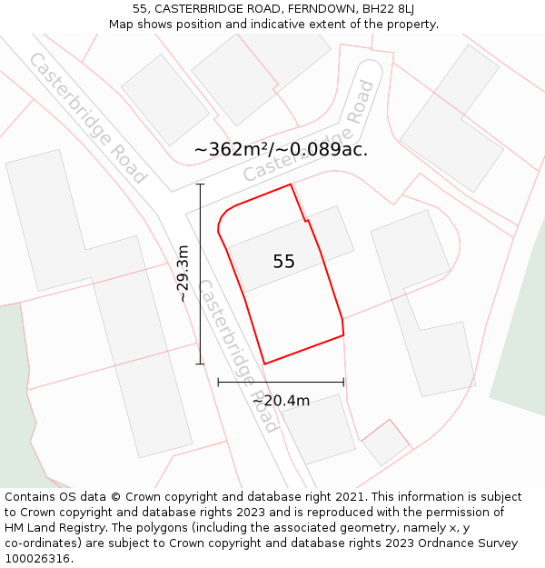 55, CASTERBRIDGE ROAD, FERNDOWN, BH22 8LJ: Plot and title map