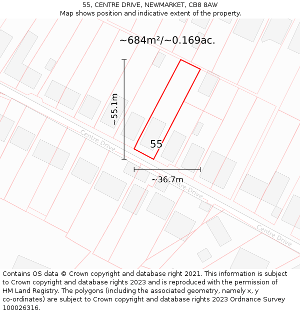 55, CENTRE DRIVE, NEWMARKET, CB8 8AW: Plot and title map