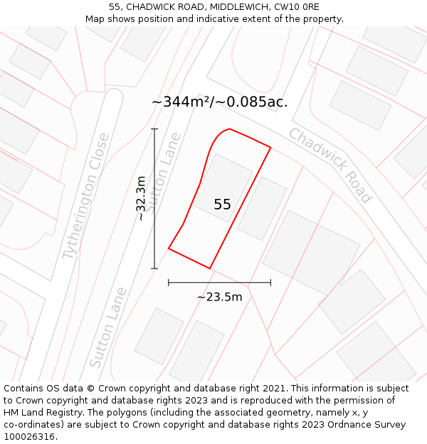 55, CHADWICK ROAD, MIDDLEWICH, CW10 0RE: Plot and title map