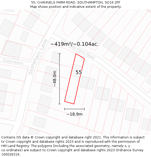 55, CHANNELS FARM ROAD, SOUTHAMPTON, SO16 2PF: Plot and title map