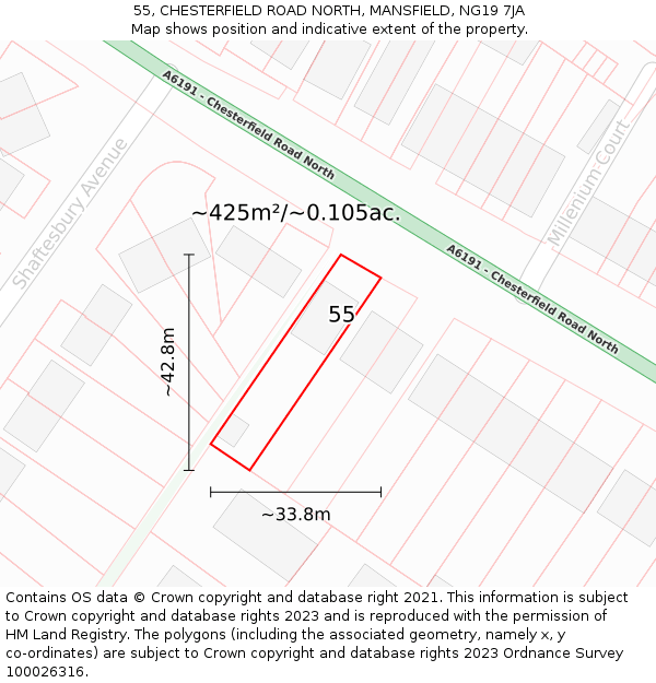 55, CHESTERFIELD ROAD NORTH, MANSFIELD, NG19 7JA: Plot and title map