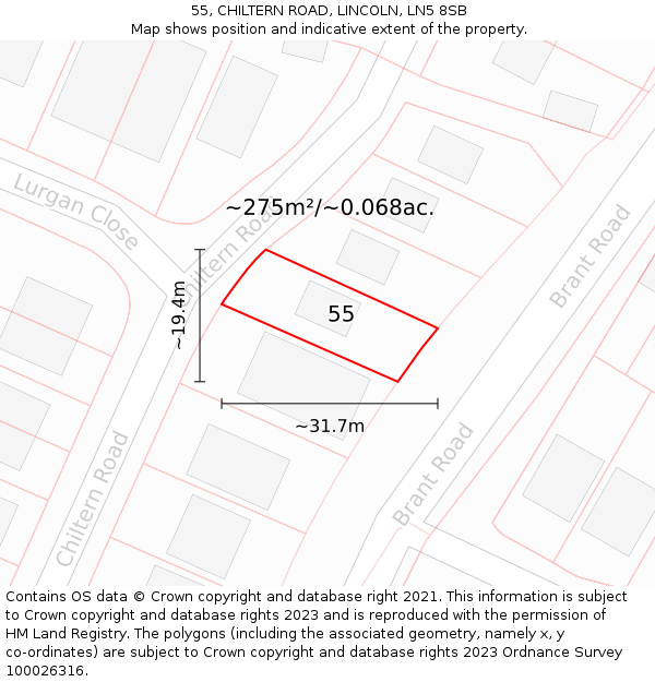 55, CHILTERN ROAD, LINCOLN, LN5 8SB: Plot and title map