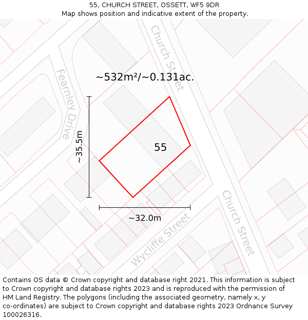 55, CHURCH STREET, OSSETT, WF5 9DR: Plot and title map