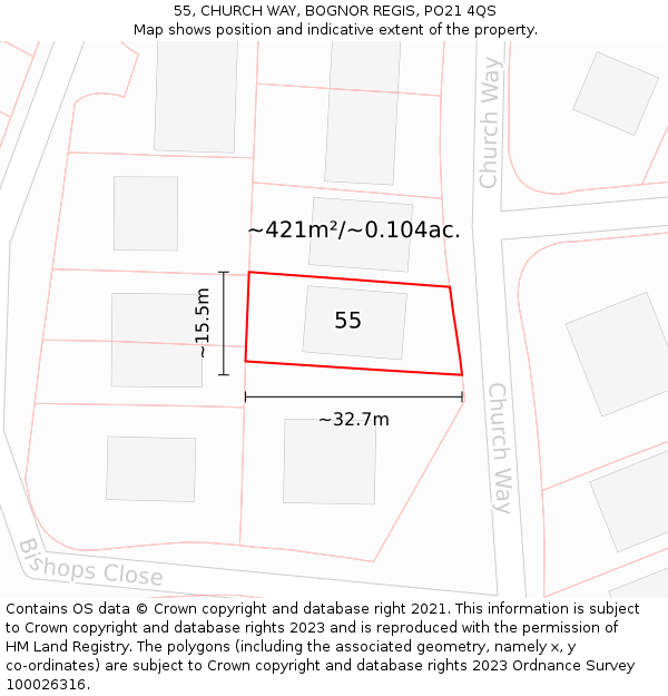 55, CHURCH WAY, BOGNOR REGIS, PO21 4QS: Plot and title map