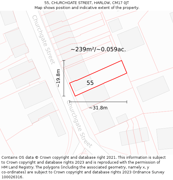 55, CHURCHGATE STREET, HARLOW, CM17 0JT: Plot and title map