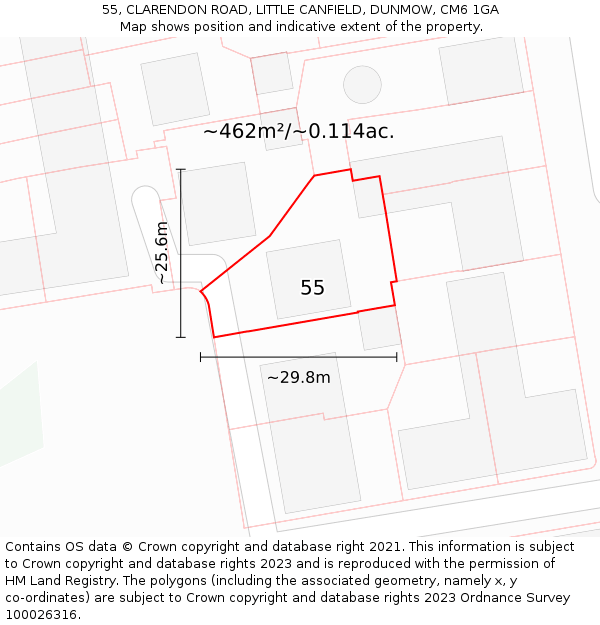 55, CLARENDON ROAD, LITTLE CANFIELD, DUNMOW, CM6 1GA: Plot and title map