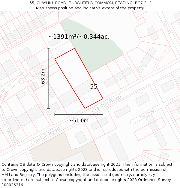 55, CLAYHILL ROAD, BURGHFIELD COMMON, READING, RG7 3HF: Plot and title map