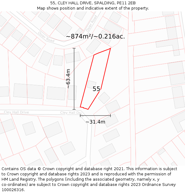 55, CLEY HALL DRIVE, SPALDING, PE11 2EB: Plot and title map