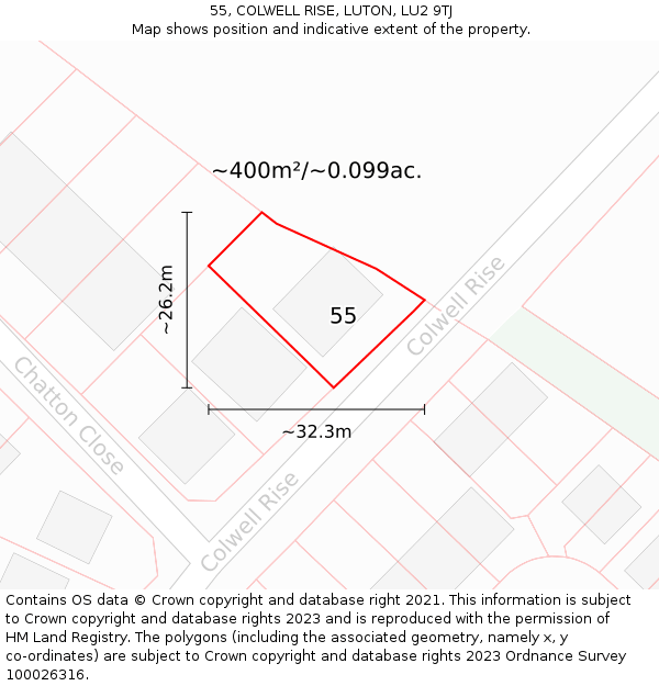 55, COLWELL RISE, LUTON, LU2 9TJ: Plot and title map