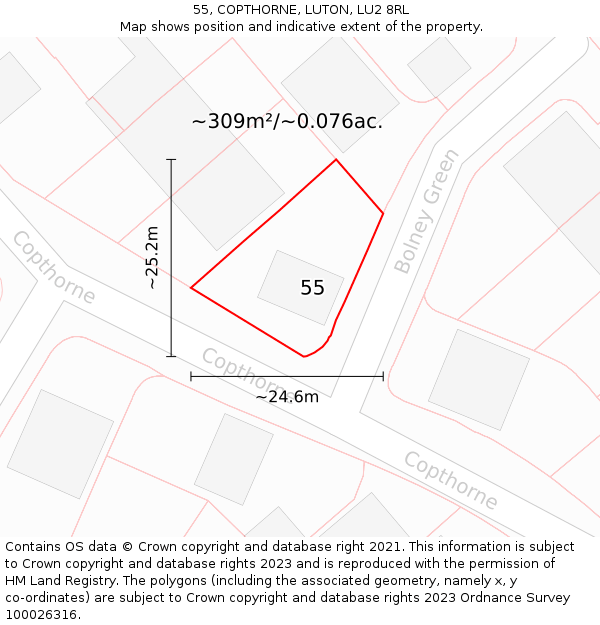55, COPTHORNE, LUTON, LU2 8RL: Plot and title map
