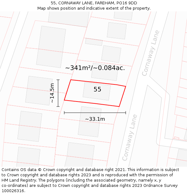 55, CORNAWAY LANE, FAREHAM, PO16 9DD: Plot and title map