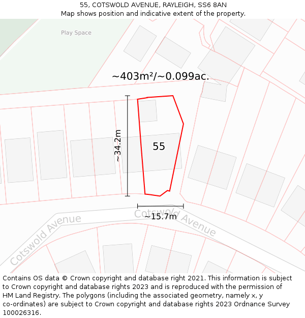 55, COTSWOLD AVENUE, RAYLEIGH, SS6 8AN: Plot and title map