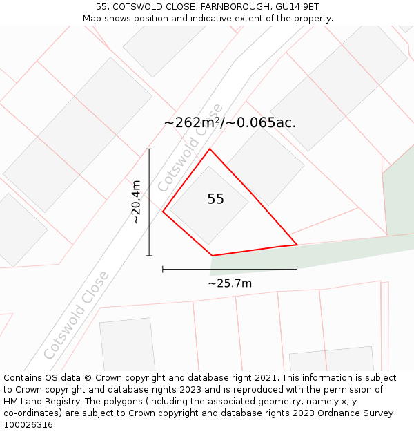 55, COTSWOLD CLOSE, FARNBOROUGH, GU14 9ET: Plot and title map