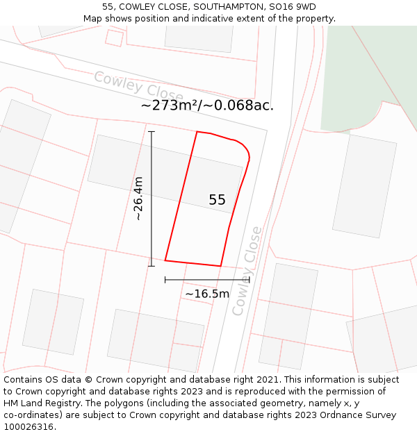 55, COWLEY CLOSE, SOUTHAMPTON, SO16 9WD: Plot and title map