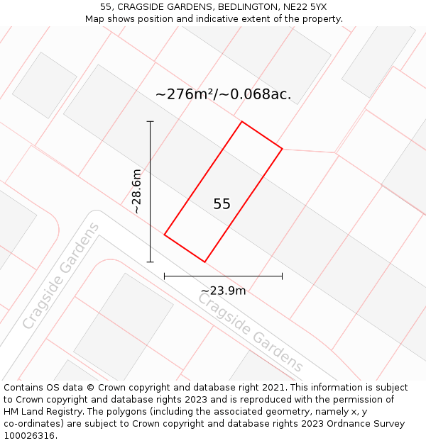 55, CRAGSIDE GARDENS, BEDLINGTON, NE22 5YX: Plot and title map