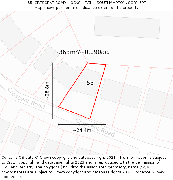 55, CRESCENT ROAD, LOCKS HEATH, SOUTHAMPTON, SO31 6PE: Plot and title map