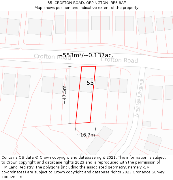 55, CROFTON ROAD, ORPINGTON, BR6 8AE: Plot and title map