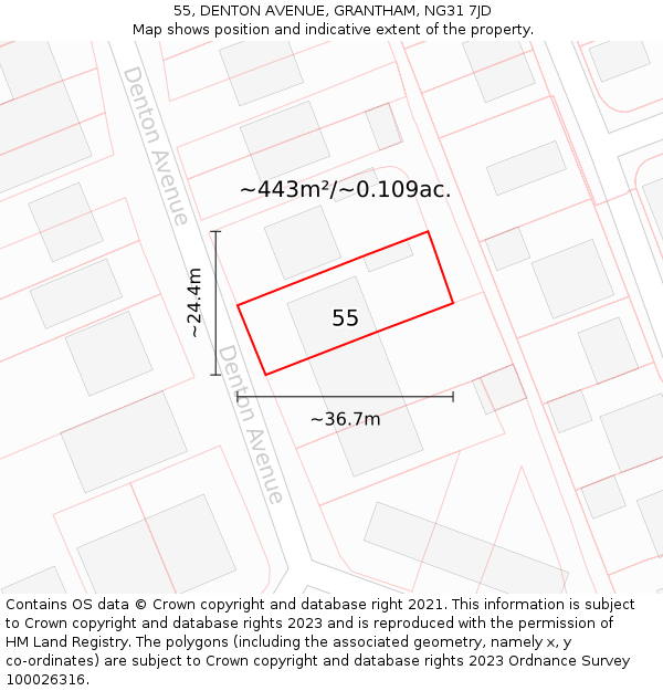 55, DENTON AVENUE, GRANTHAM, NG31 7JD: Plot and title map