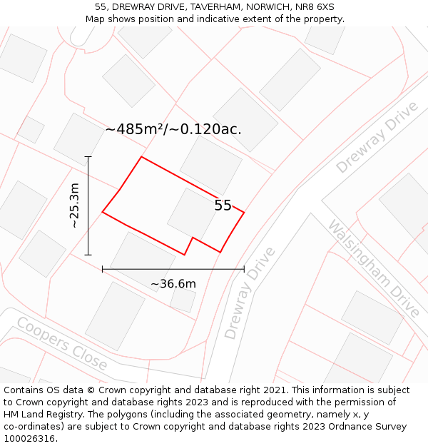 55, DREWRAY DRIVE, TAVERHAM, NORWICH, NR8 6XS: Plot and title map