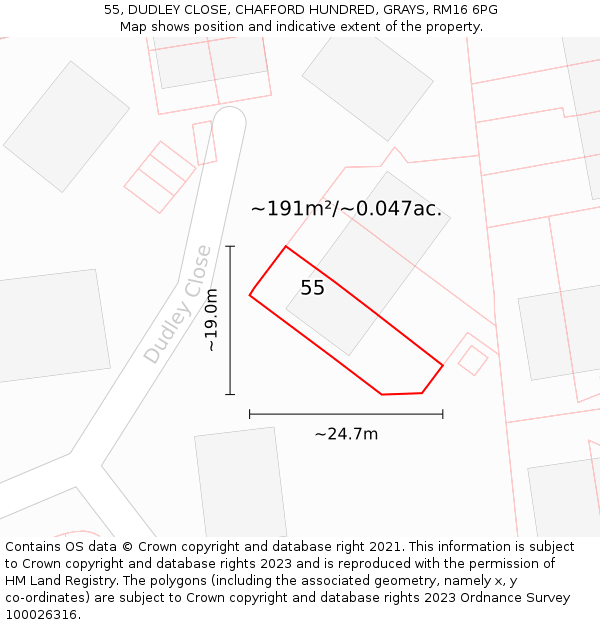 55, DUDLEY CLOSE, CHAFFORD HUNDRED, GRAYS, RM16 6PG: Plot and title map