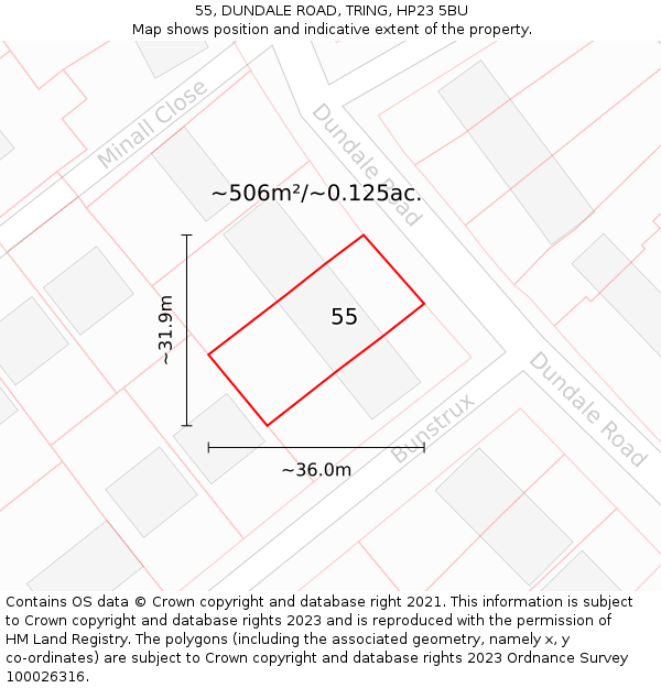 55, DUNDALE ROAD, TRING, HP23 5BU: Plot and title map