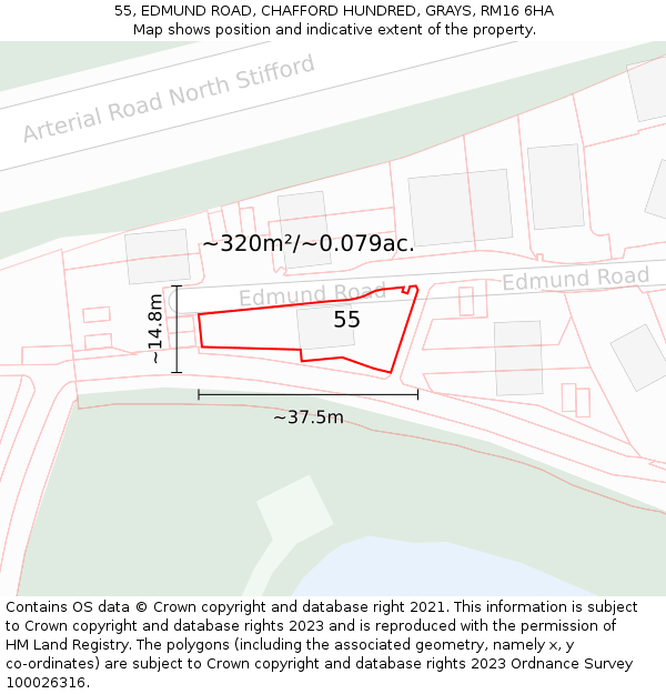 55, EDMUND ROAD, CHAFFORD HUNDRED, GRAYS, RM16 6HA: Plot and title map