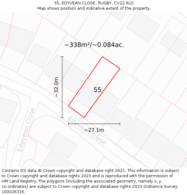 55, EDYVEAN CLOSE, RUGBY, CV22 6LD: Plot and title map