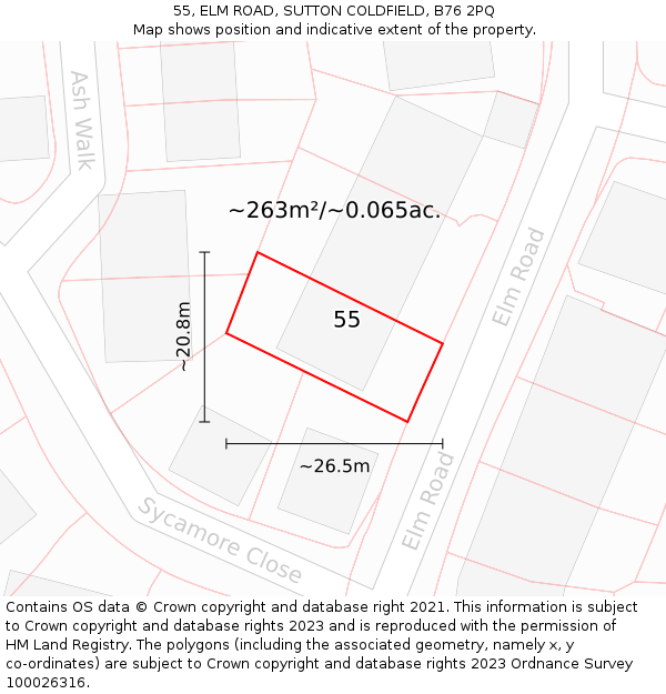 55, ELM ROAD, SUTTON COLDFIELD, B76 2PQ: Plot and title map