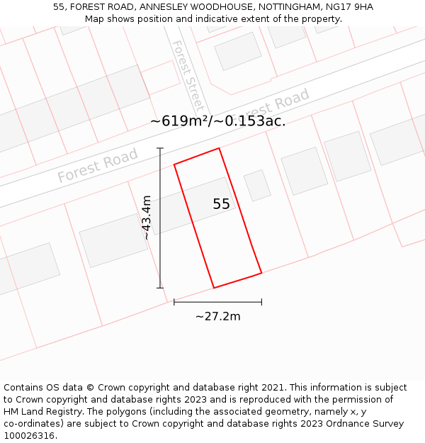 55, FOREST ROAD, ANNESLEY WOODHOUSE, NOTTINGHAM, NG17 9HA: Plot and title map