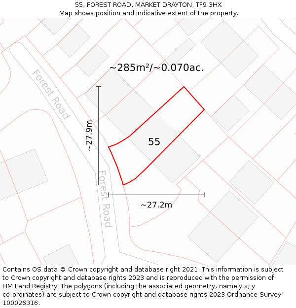 55, FOREST ROAD, MARKET DRAYTON, TF9 3HX: Plot and title map