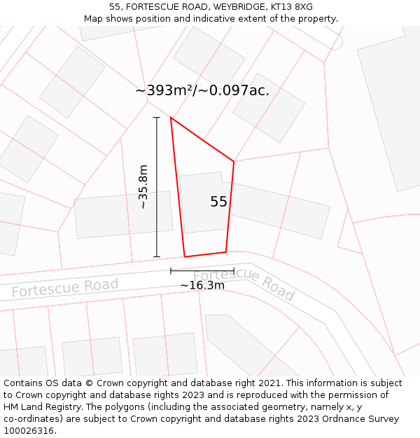 55, FORTESCUE ROAD, WEYBRIDGE, KT13 8XG: Plot and title map