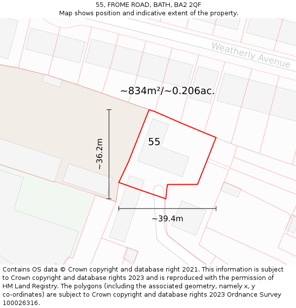 55, FROME ROAD, BATH, BA2 2QF: Plot and title map