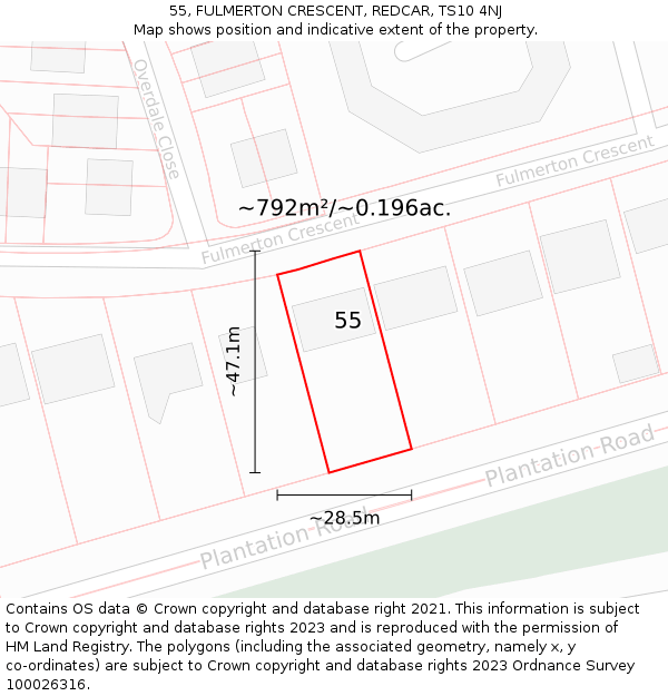 55, FULMERTON CRESCENT, REDCAR, TS10 4NJ: Plot and title map