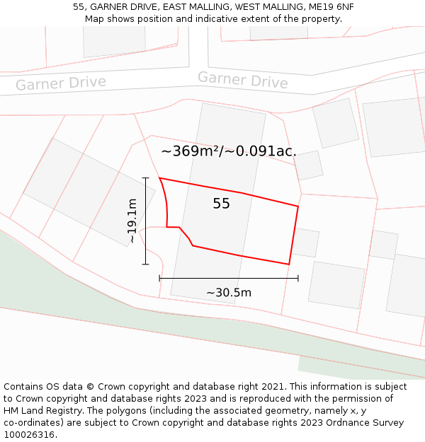 55, GARNER DRIVE, EAST MALLING, WEST MALLING, ME19 6NF: Plot and title map