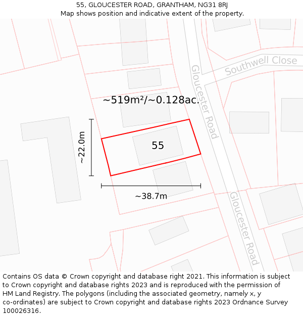 55, GLOUCESTER ROAD, GRANTHAM, NG31 8RJ: Plot and title map