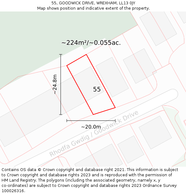 55, GOODWICK DRIVE, WREXHAM, LL13 0JY: Plot and title map