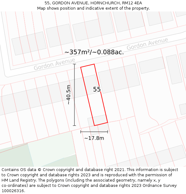 55, GORDON AVENUE, HORNCHURCH, RM12 4EA: Plot and title map