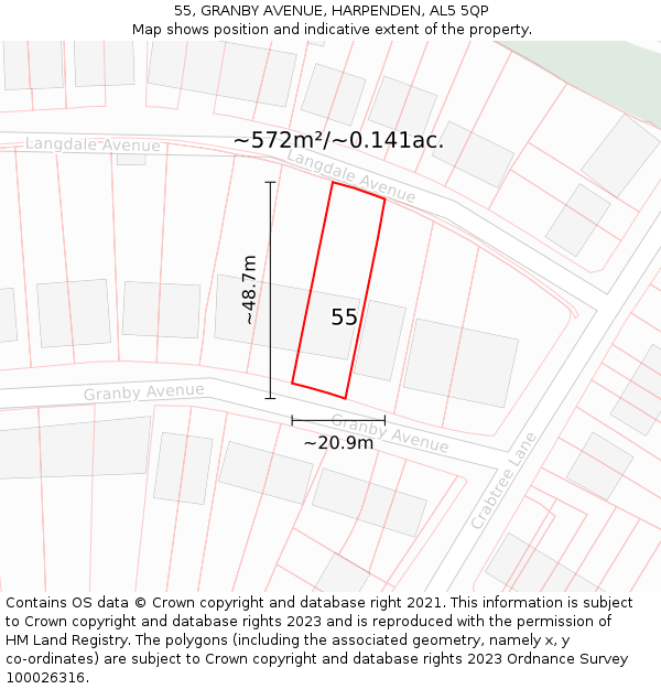 55, GRANBY AVENUE, HARPENDEN, AL5 5QP: Plot and title map