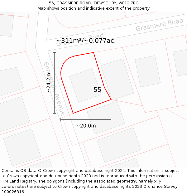 55, GRASMERE ROAD, DEWSBURY, WF12 7PG: Plot and title map