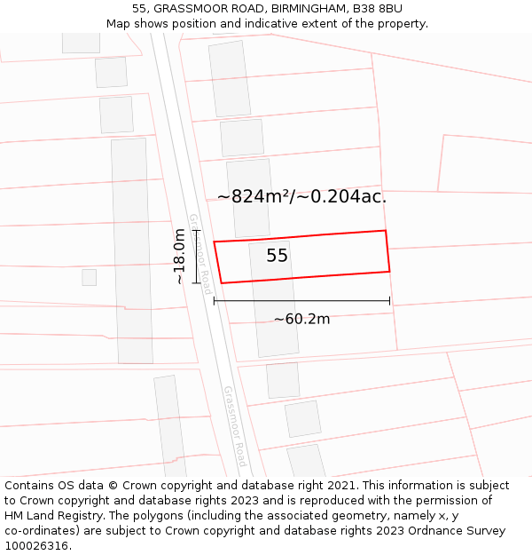 55, GRASSMOOR ROAD, BIRMINGHAM, B38 8BU: Plot and title map